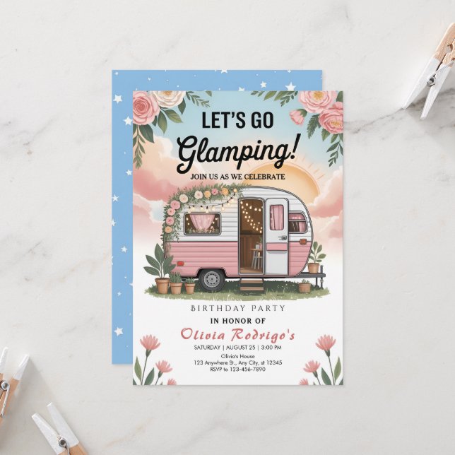Invitación Fiesta de Cumpleaños de Glamping Boho (Anverso/Reverso In Situ)