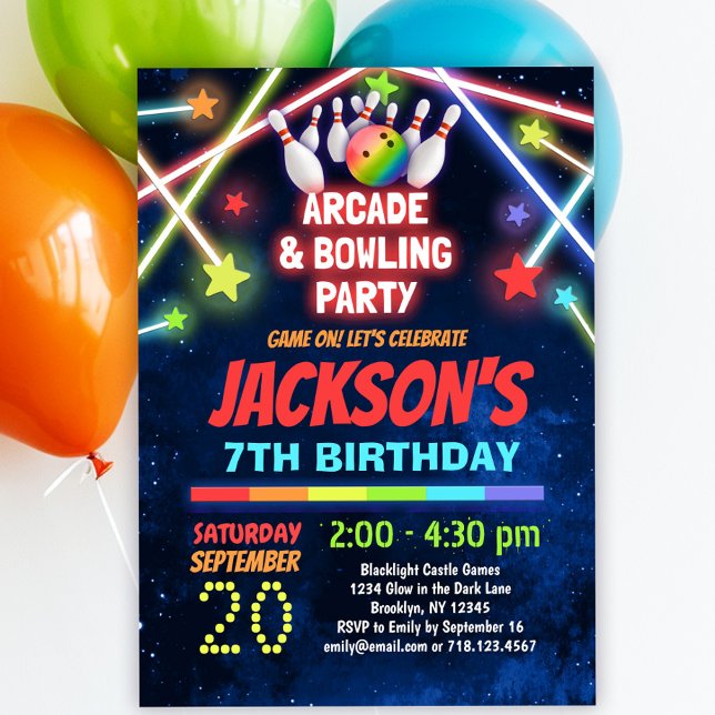 Invitación Fiesta de cumpleaños de Glow Arcade Bowling (Subido por el creador)