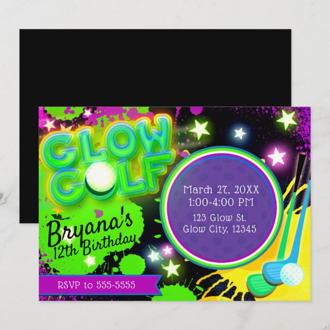 Invitación Fiesta de Cumpleaños de Glow Golf Estrellas Brilla (Anverso / Reverso)