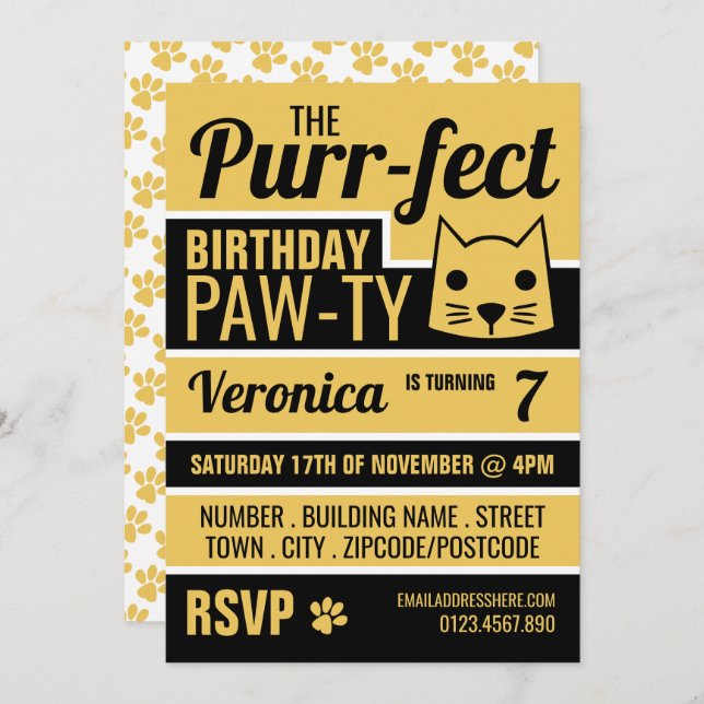 Invitación Fiesta de cumpleaños de Gold Kitten (Anverso / Reverso)