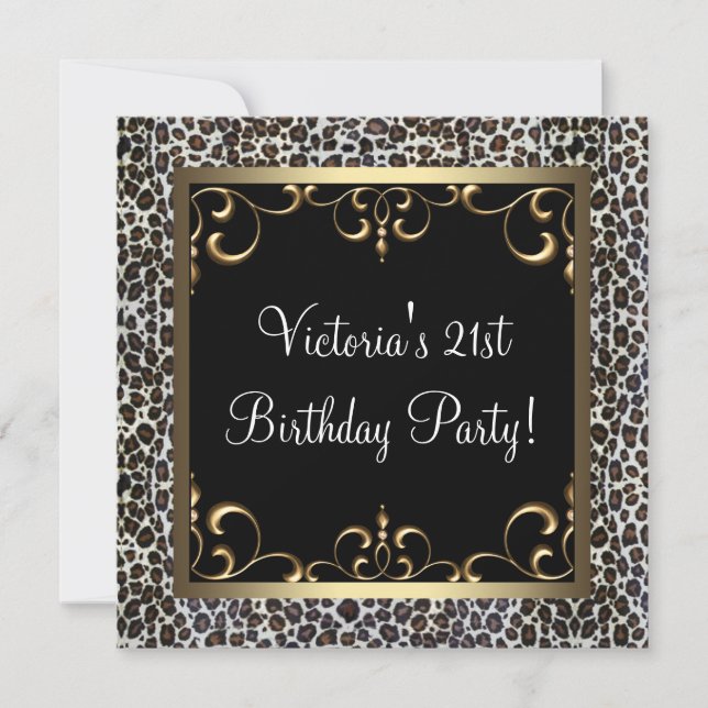 Invitación Fiesta de cumpleaños de Gold Swirl Elegant Leopard (Anverso)