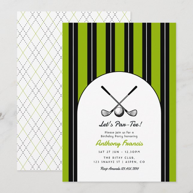 Invitación Fiesta de cumpleaños de golf Black, White y Matcha (Anverso / Reverso)