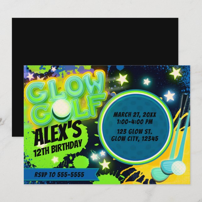 Invitación Fiesta de Cumpleaños de Golf Brillante Azul Amaril (Anverso / Reverso)