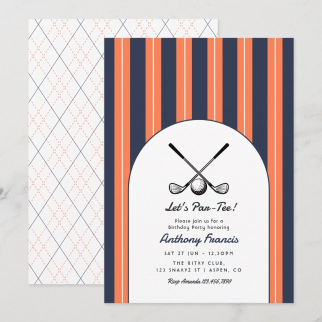 Invitación Fiesta de cumpleaños de golf Coral, Navy y Blanco (Anverso / Reverso)