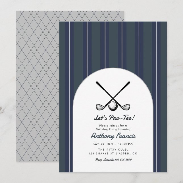 Invitación Fiesta de cumpleaños de golf de carbón, azul marin (Anverso / Reverso)