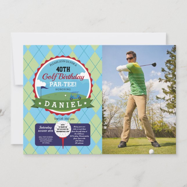 Invitación Fiesta de cumpleaños de golf de cualquier edad Fot (Anverso)