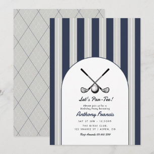 Invitación Fiesta de cumpleaños de golf en azul marino, gris 