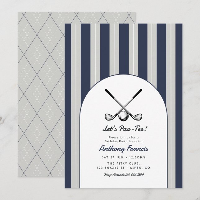 Invitación Fiesta de cumpleaños de golf en azul marino, gris  (Anverso / Reverso)