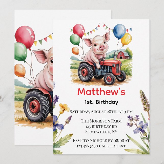 Invitación Fiesta de cumpleaños de granja adorable para el 1e (Anverso / Reverso)
