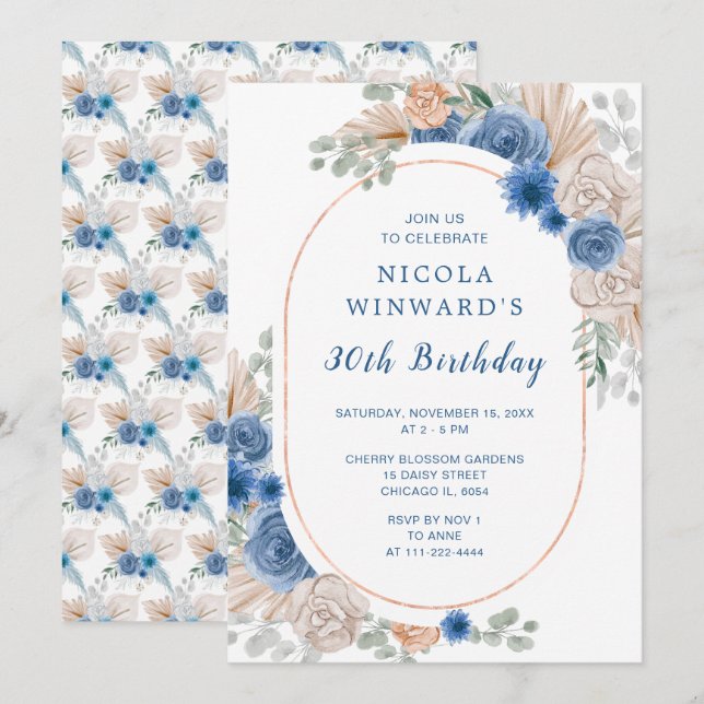 Invitación Fiesta de cumpleaños de Grass Boho Pampas Blue (Anverso / Reverso)