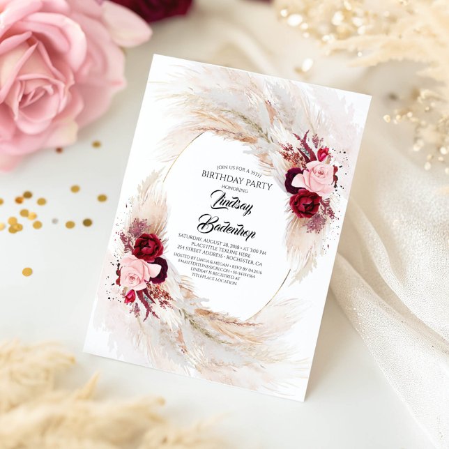 Invitación Fiesta de cumpleaños de Grass Grass Pampas con flo (Burgundy Flowers Pampas Grass Floral Birthday Invitations )
