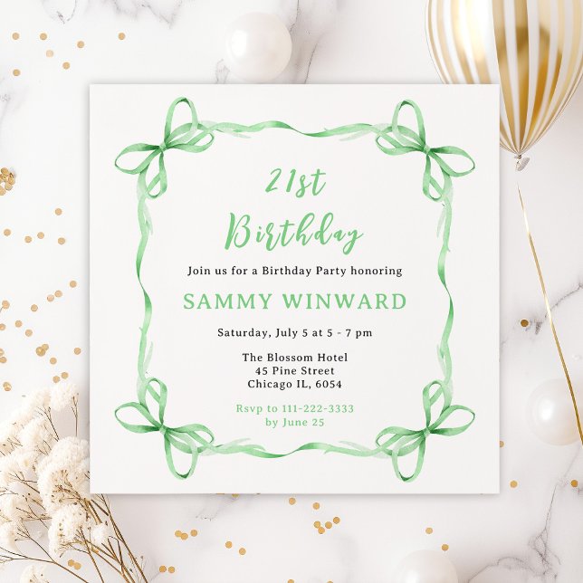 Invitación Fiesta de cumpleaños de Green Coquette Ribbon (Subido por el creador)