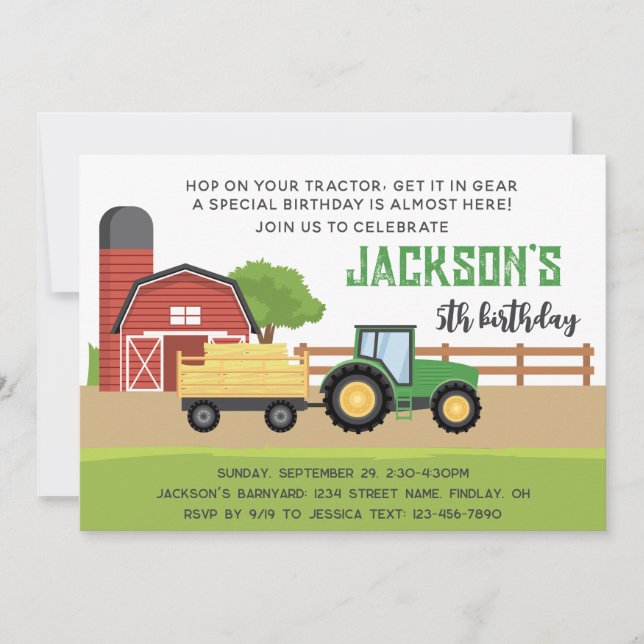 Invitación Fiesta de cumpleaños de Green Farm Tractor, cualqu (Anverso)