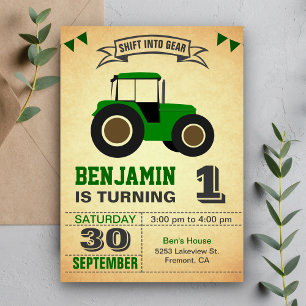 Invitación Fiesta de cumpleaños de Green Farm Tractor para ni