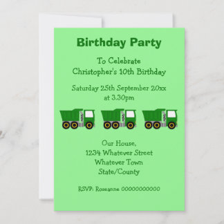 Invitación Fiesta de cumpleaños de Green Truck Design Boy