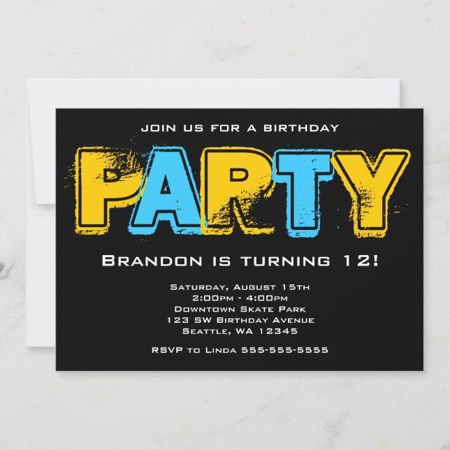 Invitación Fiesta de cumpleaños de grunge amarillo y azul (Anverso)