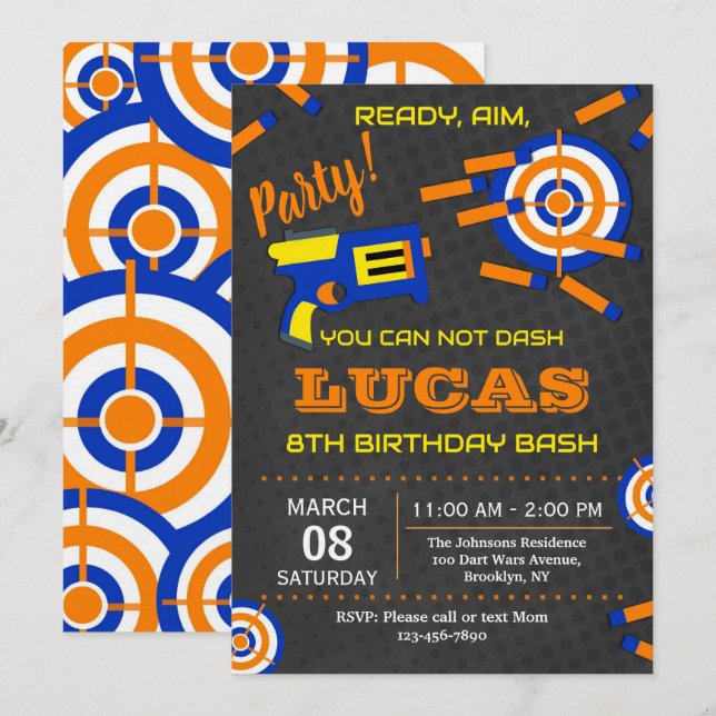 Invitación Fiesta de Cumpleaños de Guerras con Pistola de Dar (Anverso / Reverso)