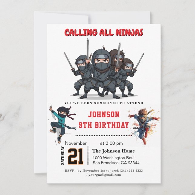 Invitación Fiesta de cumpleaños de guerreros Ninja (Anverso)