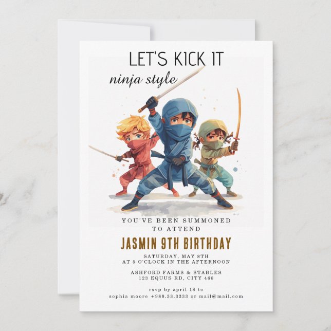 Invitación Fiesta de cumpleaños de guerreros Ninja (Anverso)