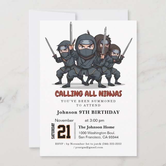 Invitación Fiesta de cumpleaños de guerreros Ninja (Anverso)