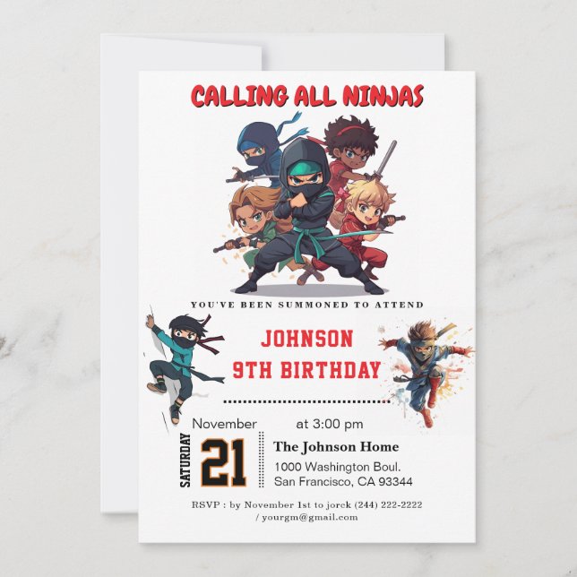 Invitación Fiesta de cumpleaños de guerreros Ninja (Anverso)