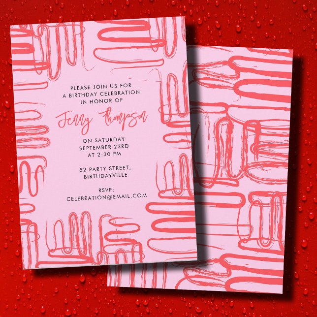 Invitación Fiesta de cumpleaños de guijarros de onda de curva (Pink Curve Wavy Squiggle Abstract Birthday Party Invitation)