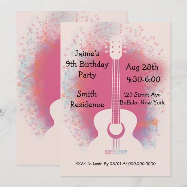 Invitación Fiesta de cumpleaños de guitarra (Anverso / Reverso)