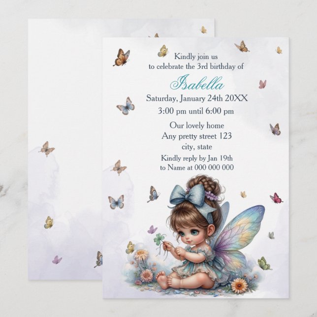 Invitación Fiesta de cumpleaños de hada adorable (Anverso / Reverso)