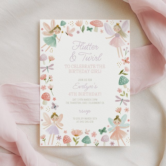 Invitación Fiesta de cumpleaños de hada Flutter y Twirl para  (Flutter & Twirl to celebrate the birthday girl! Fairy birthday invitation)