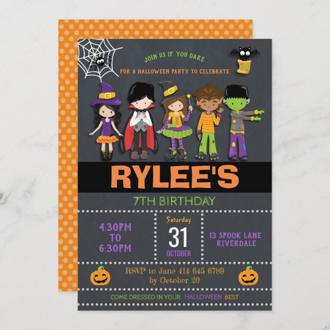 Invitación Fiesta de Cumpleaños de Halloween con Disfraces (Anverso / Reverso)