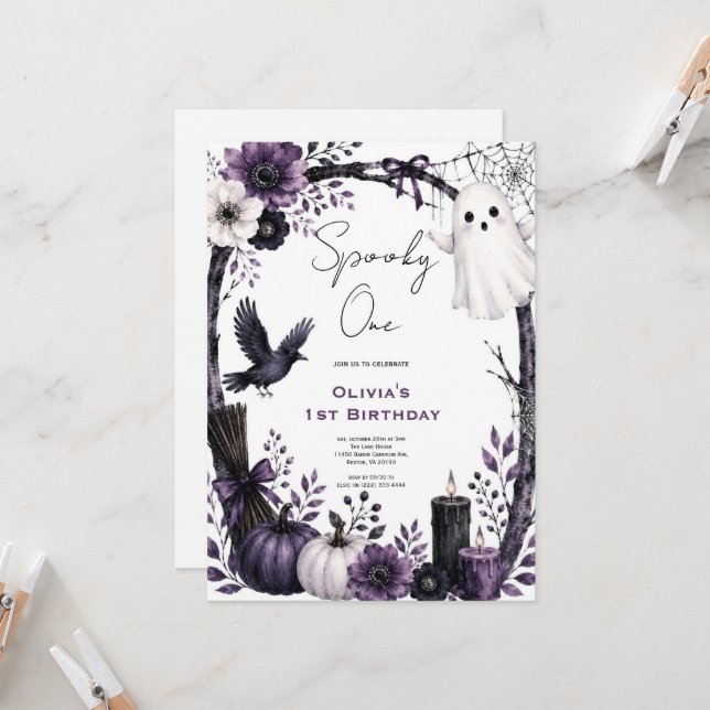 Invitación Fiesta de cumpleaños de Halloween con fantasmas ne (Anverso/Reverso In Situ)