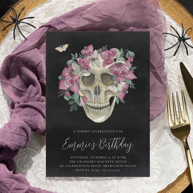 Invitación Fiesta de cumpleaños de Halloween con flor de orqu (Subido por el creador)
