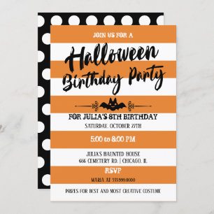 Invitación Fiesta de cumpleaños de Halloween con rayas y punt