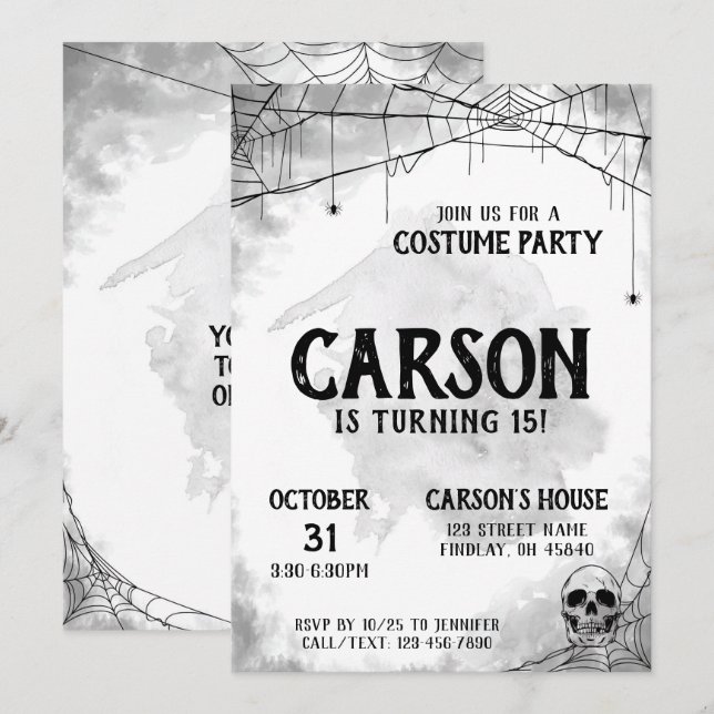 Invitación Fiesta de cumpleaños de Halloween con traje blanco (Anverso / Reverso)