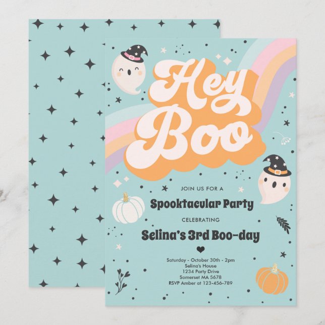 Invitación Fiesta de cumpleaños de Halloween Cute Retro Spook (Anverso / Reverso)
