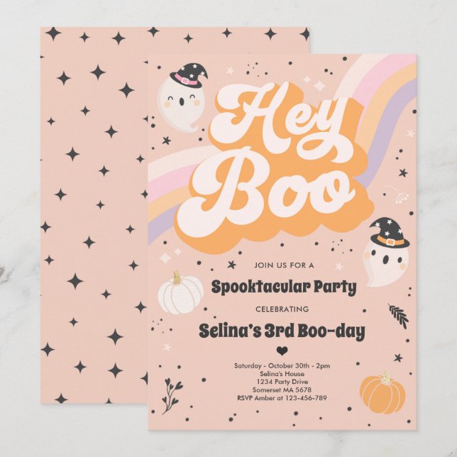 Invitación Fiesta de cumpleaños de Halloween Cute Retro Spook (Anverso / Reverso)