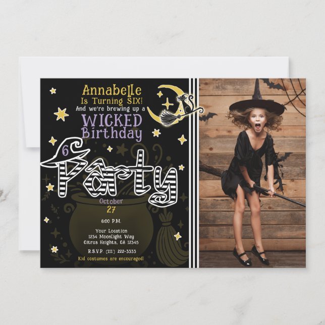 Invitación Fiesta de Cumpleaños de Halloween de Bruja Amarill (Anverso)