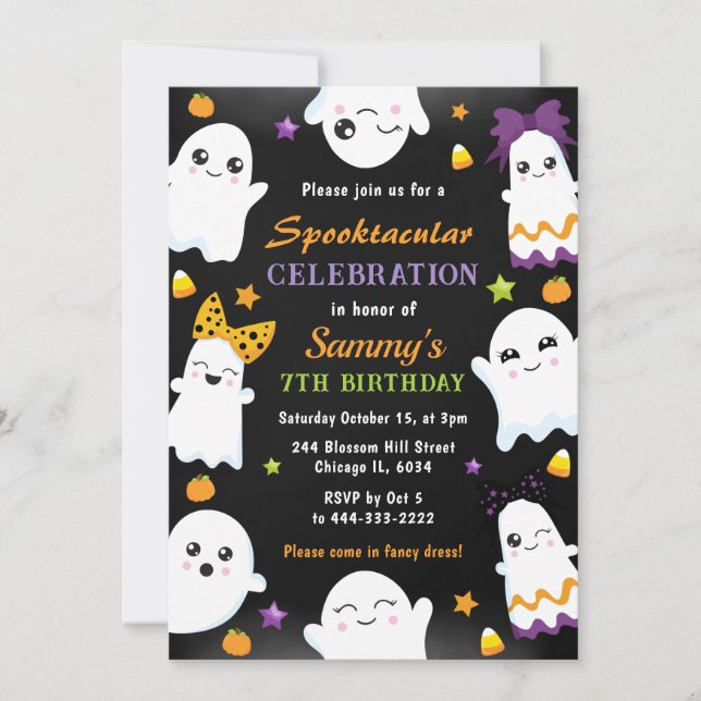 Invitación Fiesta de Cumpleaños de Halloween de Fantasmas Lin (Anverso)