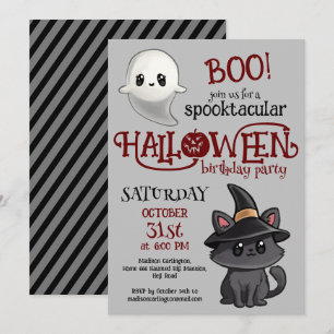 Invitación Fiesta de Cumpleaños de Halloween de Gato Kawaii y