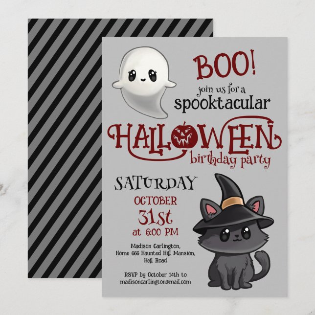 Invitación Fiesta de Cumpleaños de Halloween de Gato Kawaii y (Anverso / Reverso)