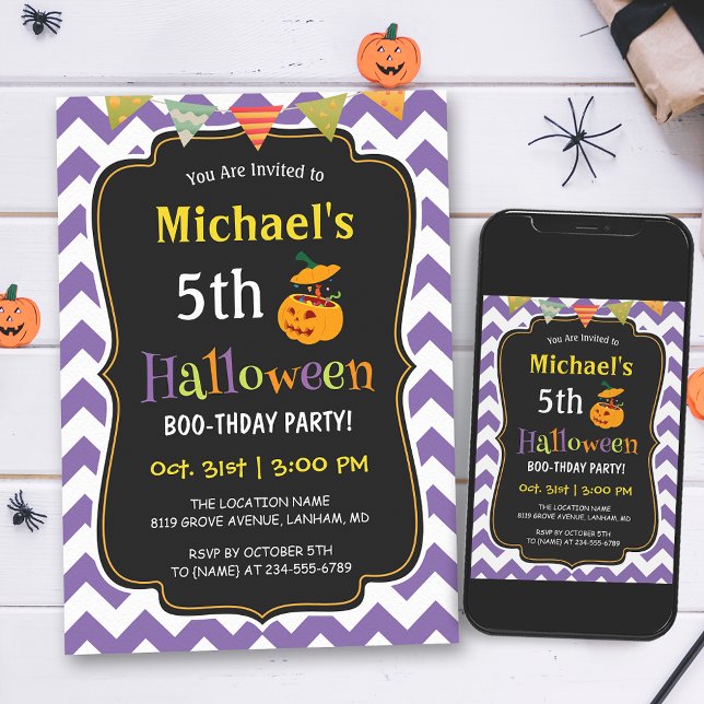Invitación Fiesta de cumpleaños de Halloween de Purple Chevro (Make your child's birthday a truly special with this delightful and customizable invitation!)