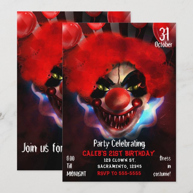 Invitación Fiesta de cumpleaños de Halloween del payaso asesi (Anverso / Reverso)