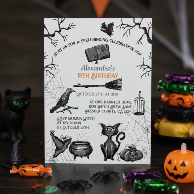 Invitación Fiesta de cumpleaños de Halloween embrujante y esp (Spooky Halloween Birthday Invitation in Orange and Black for Kids. Scary Pumpkin, Cat, Raven, Bats)