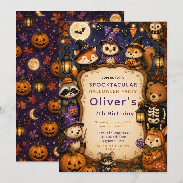 Invitación Fiesta de cumpleaños de Halloween en el bosque (Anverso / Reverso)