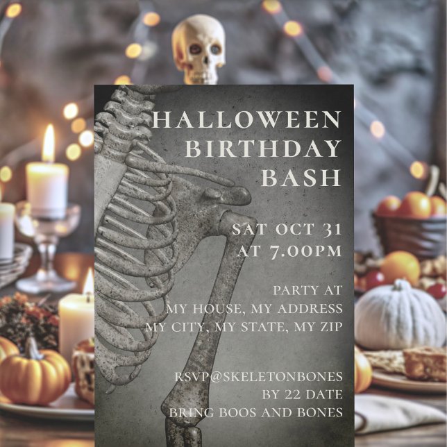 Invitación Fiesta de cumpleaños de Halloween esqueleto espelu (Birthday bash on Halloween? Here's your invitation!)