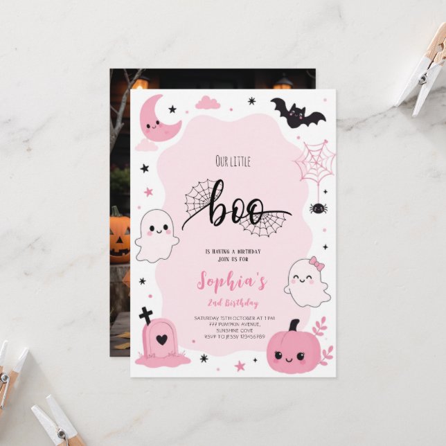 Invitación Fiesta de cumpleaños de Halloween fantasma Kawaii  (Anverso/Reverso In Situ)