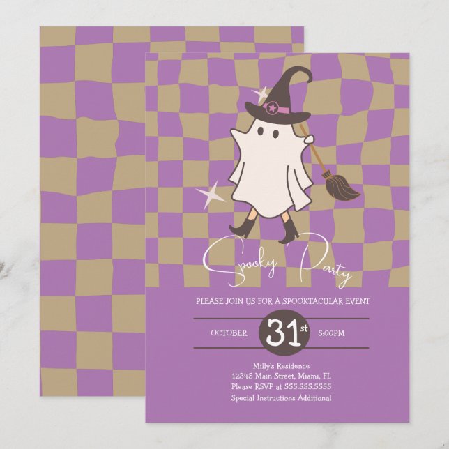 Invitación Fiesta de cumpleaños de Halloween fantasma retro e (Anverso / Reverso)