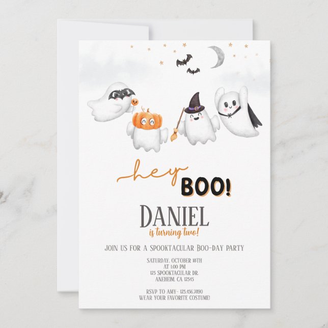 Invitación Fiesta de cumpleaños de Halloween Ghost Hey Boo (Anverso)