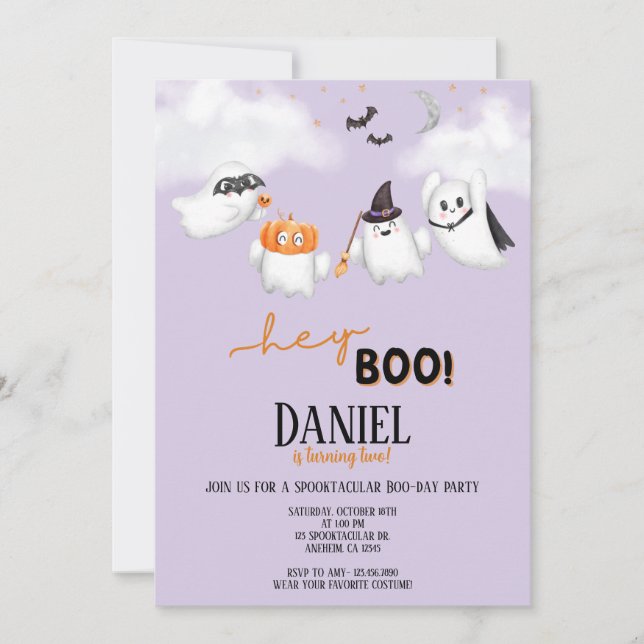 Invitación Fiesta de cumpleaños de Halloween Ghost Hey Boo (Anverso)
