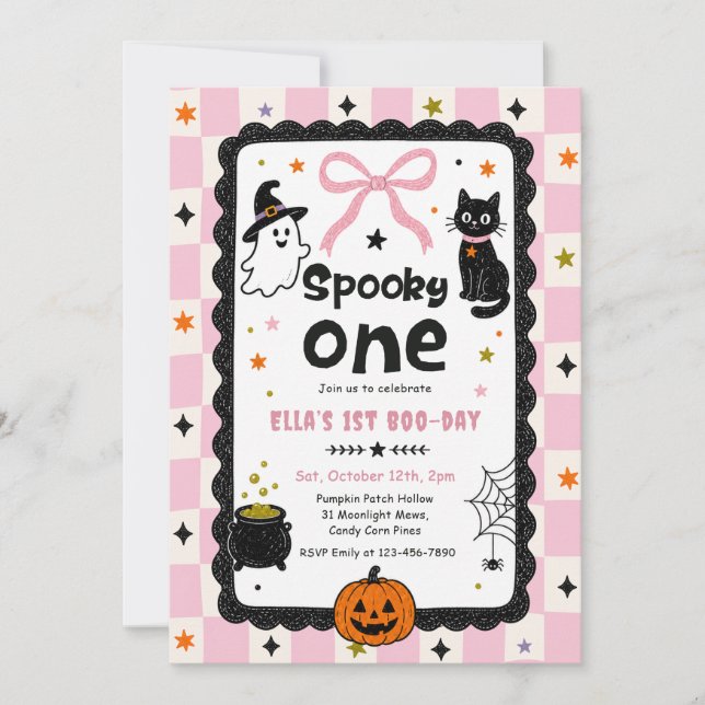 Invitación Fiesta de cumpleaños de Halloween Gingham Spooky O (Anverso)